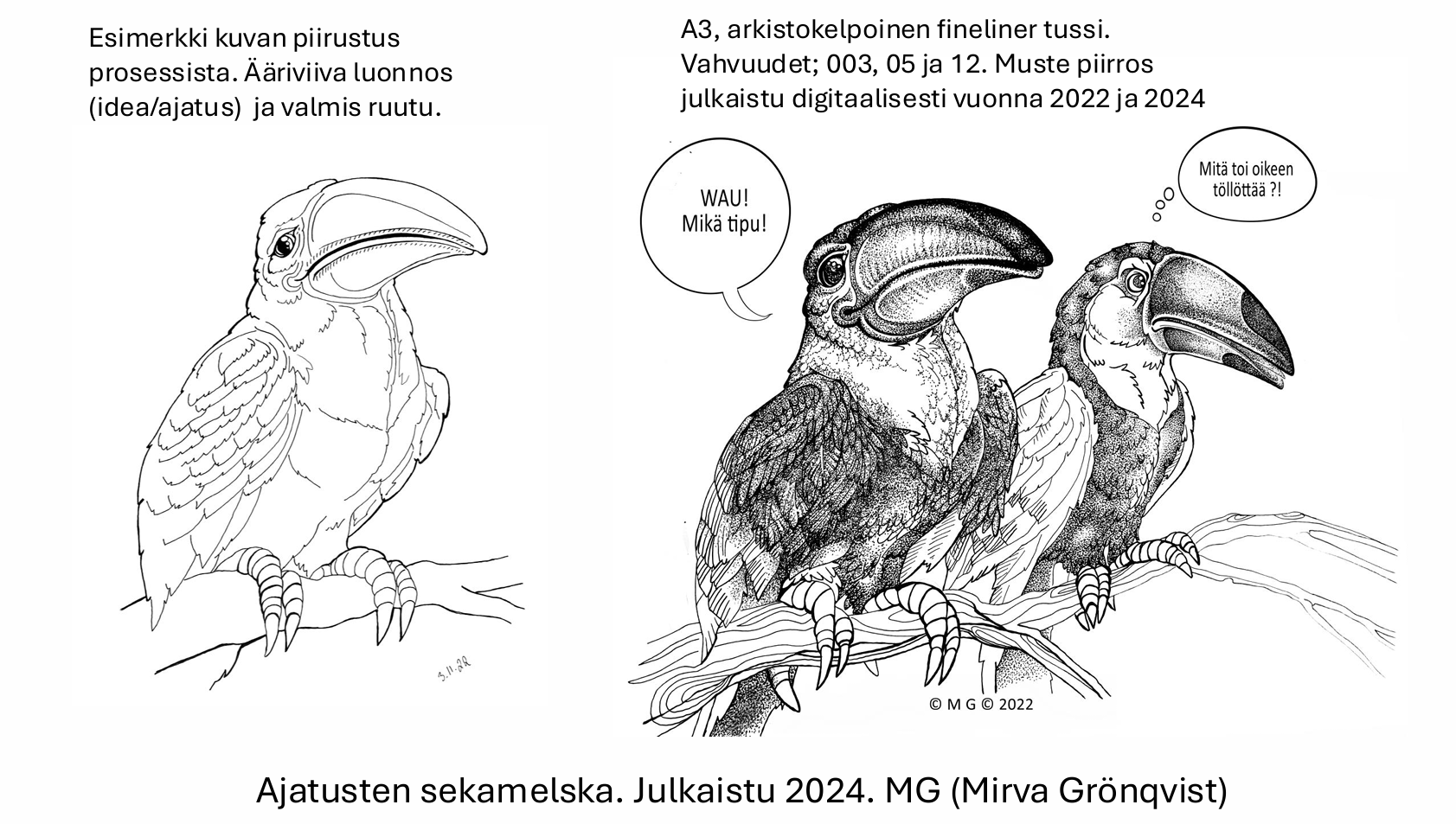 Sarjakuvaruudun suunnittelu esimerkki julkaisusta Ajatusten sekamelska. Valon maalaama varjo. MG Mirva Grönqvist